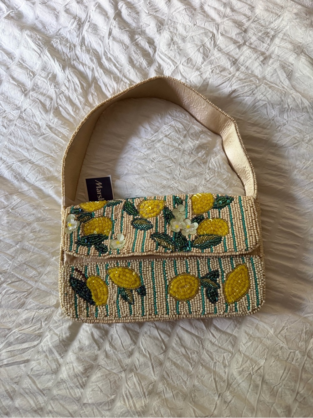 Marshalls Beaded Lemon Motif Shoulder Bag in Yellow and Cream
